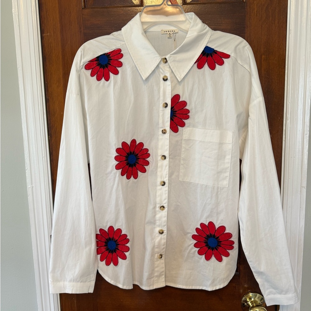 White Button Down with Red & Blue Floral Accents